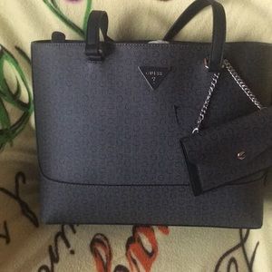 Guess Coal Tri-Compartment Tote & Wallet NWT